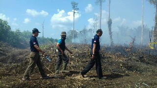 Kapolsek AKP Rangga Warsito didamping Manager Kebun PT.Trio Mas yang ikut mendampingi menuju TKP Karhutla 